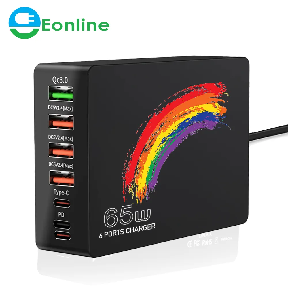 EONLINE 3D UV 65W USB şarj aleti QC3.0 PD 20W hızlı şarj masaüstü USB C şarj istasyonu iPhone 15 14 Pro Max Xiaomi Samsung