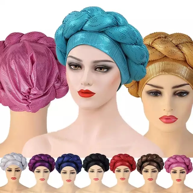 Latest Aso Oke Auto Gele Headtie Women Turban Cap With Braids Muslim Head Scarf Bonnet Ladies Head Wraps Diamonds Turbante Mujer