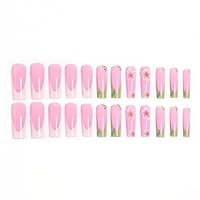 Uñas postizas francesas K023 con diseño 3D de flor de durazno, estilo bailarina larga, estilo occidental dulce, reutilizables, ABS premium, MOQ1, venta al por mayor, stock disponible.