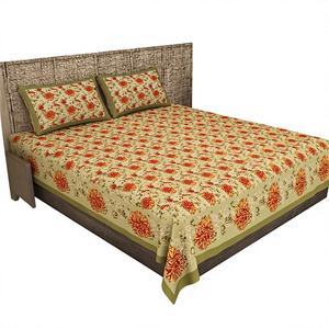 Draps plats en coton de qualité supérieure à motifs végétaux imprimés à la main, 2 taies d'oreiller incluses, 300 fils, écologiques, personnalisables - Product Image 1