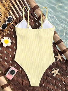 Maillot de bain une pièce rayé pour femme, col en V à volants, noué sur le devant, fines bretelles, coupe haute, monokini, été, plage, vente en gros, OEM - Product Image 6