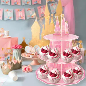 Hoge Kwaliteit Prinses Kasteel Thema Kartonnen Cupcake Cake Stand Sweet Shop Vorm 3 Tier Papier Dessert Stands Feestdecoraties