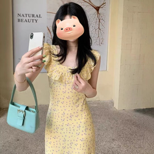 French Style Floral Print Dress Women Summer Ruffled Neckline Yellow Slim Fit Casual Beach Vacation Dress - Product Image 1