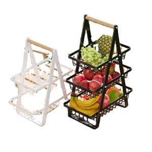 Étagère de rangement pour snacks, pain et légumes, panier en fil de fer avec poignée en bois, pour camping, pique-nique, salon, moderne, non pliable, pour fruits - Product Image 1