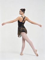 Costume de danse jazz noir et or pour femme, sans manches, avec franges, strass et dos croisé en maille, idéal pour la scène et les compétitions