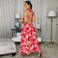 Robe longue maxi pour femme à imprimé floral tropical, col halter, décolleté en V profond, dos nu croisé, taille à nouer, pour les vacances, la plage et les occasions décontractées