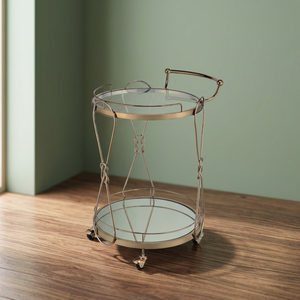 Round Metal Bar Cart with Glass Shelves and <b>Wheels</b> Glam Design for Party Use - Product Image 2