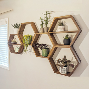 Rustic Brown Hexagon-shape Wall Mount Wooden Floating Shelf for Storage&decor Carton Wooden Rack Wooden Storage Customer's Logo