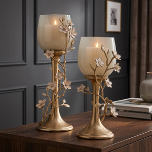 Golden Floral Pillar <b>Candle</b> Holder Set with Frosted Glass Shade Eco-friendly Handmade Christmas Home Decor - Product Image 1