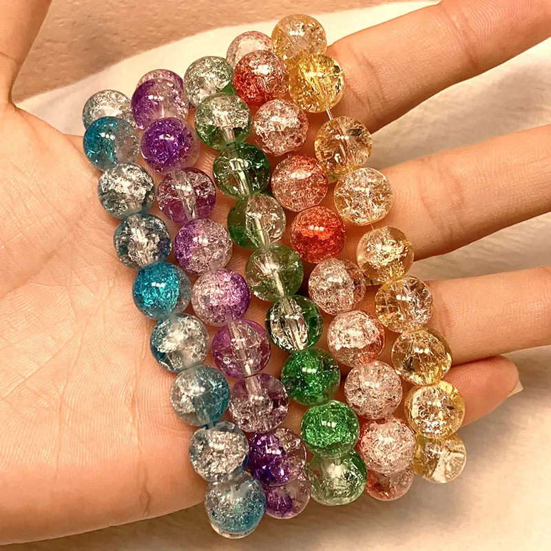 10mm Beaded Crackle Inside Glass Crystal Beads Bracelet for Women Colorful Beaded Bracelet Fashion Handmade Stone Bangles
