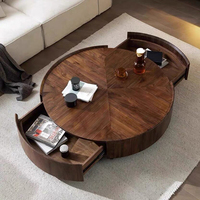 Table basse ronde moderne en bois de noyer avec base métallique, ensemble de tables d'appoint de luxe pour salon avec rangement