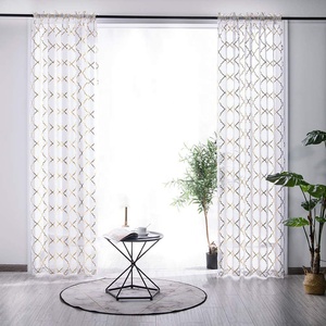 Cortina transparente con estampado geométrico para sala de estar, tela de tul <span class=keywords><strong>blanco</strong></span> a cuadros de lujo, con bolsillo de varilla dorada <span class=keywords><strong>y</strong></span> <span class=keywords><strong>plata</strong></span> de aluminio, estilo americano - Product Image 1