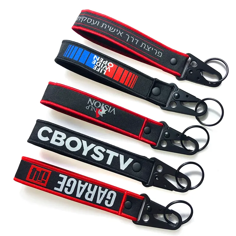 Custom Logo Brand 3D Embroidery key tag customized fabric aviation car motorcycle custom loop keychain accessories