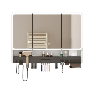 Armoire de salle de bain incurvée de luxe léger <span class=keywords><strong>avec</strong></span> <span class=keywords><strong>miroir</strong></span>, <span class=keywords><strong>prise</strong></span> sèche-cheveux <span class=keywords><strong>intégrée</strong></span>, étagère de rangement et cadre en fibre de carbone - Product Image 5