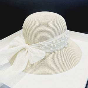 Summer New Pearl Mesh Sunshade Straw Character Woven Lace Travel Female Bowknot Bucket <b>Hat</b> Wholesale - Product Image 6