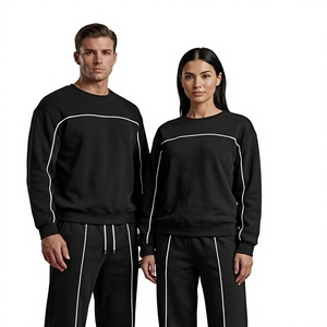 Conjunto Deportivo Casual de Invierno Unisex Personalizado de Felpa Francesa Gruesa de Dos Piezas con Ribete Blanco, Sudadera y Pantalones Anchos - Product Image 1