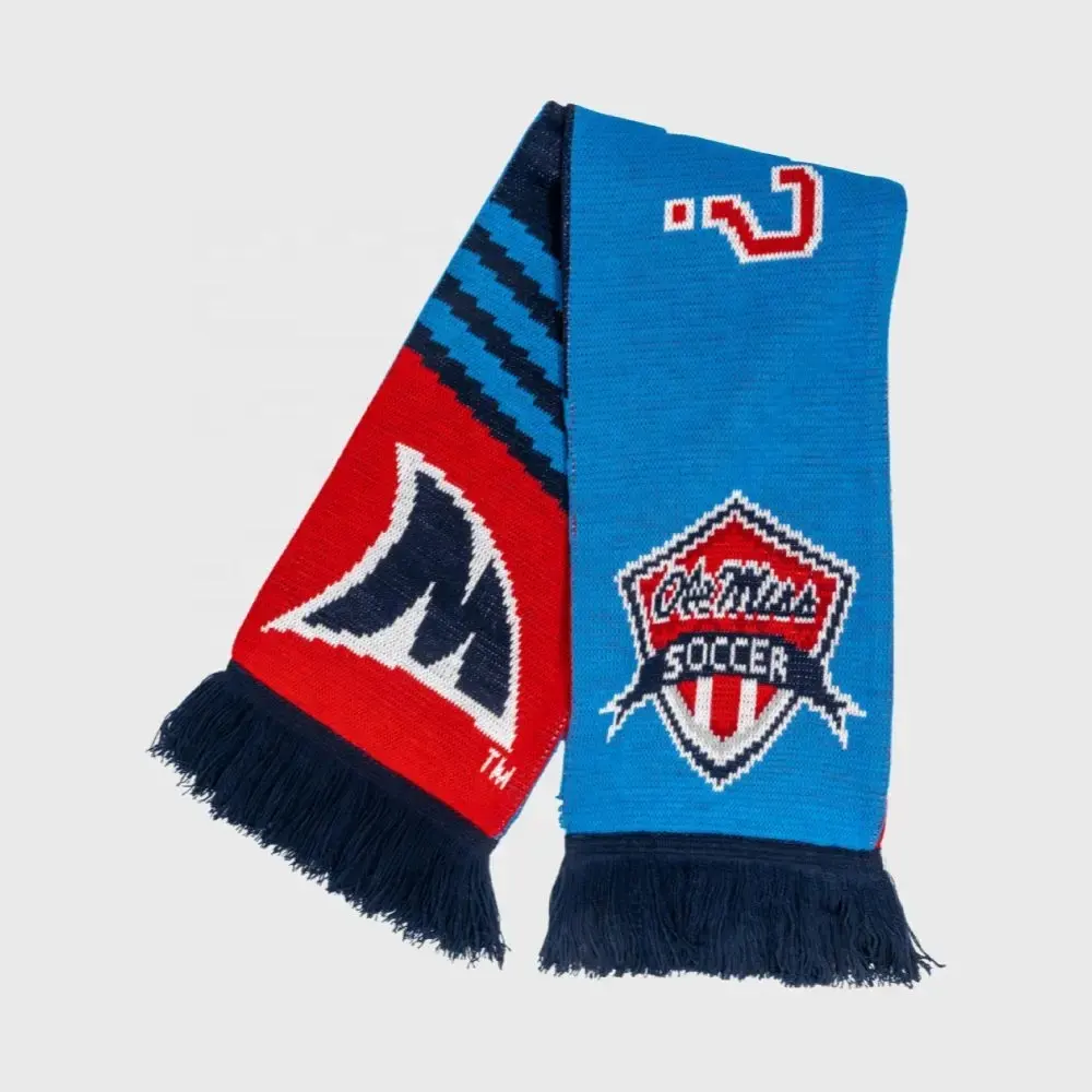 Reversible Double Layer Jacquard Knitting School Team Fashion Acrylic Knitted Football Sports Soccer Fan Scarf for Men