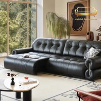 Französischer Retro-Stil Schwarzes Zuckerwolken-Echtleder-Sofa mit Fernbedienung, Ausziehbar, Gerade, Elektrisch Verstellbares Schlafsofa