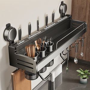 Kitchen Storage Rack Wall Mounted Spice Organizer Knife Holder Multi Function Aluminum Shelf With Hooks For Kitchen - Product Image 2