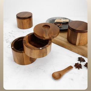 Boîte à <span class=keywords><strong>sel</strong></span> en bois d'acacia très vendue, pot à épices avec couvercle magnétique rotatif pour cuisine - Product Image 4