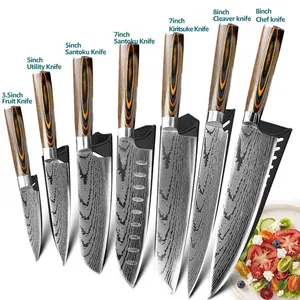 स्टेनलेस स्टील पूरा लेजर दमिश्क पैटर्न कटलरी महाराज और कतरन उपकरण बर्तन आधुनिक थोक रसोई के चाकू