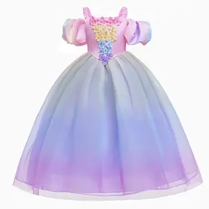 Flowers Dream Rainbow Gauze Skirt Girl Princess Skirt Performance Maxi Dress for Cosplay