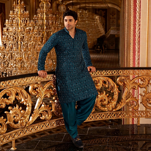 Conjunto de Kurta y Pijama de Seda Modal Chikankari para Hombre, Bordado, Estilo Tradicional Indio y Pakistaní, Estampado Digital, Secado Rápido, Corte Regular - Product Image 1