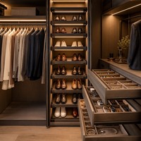 Armoire intégrée moderne de luxe avec porte en verre, éclairage LED, placage en noyer, bordure laser, sur mesure, modulaire