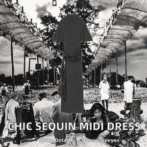 Robe Midi Femme PB&ZA Sexy Tissée Respirante à Paillettes avec Ceinture, Col Montant, Silhouette Évasée, Manches Courtes, Taille Haute, Dos Nu - Product Image 2