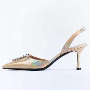 Zapatos de Tacón Alto con Tira Trasera y Decoración de Diamantes para Mujer, Parte Superior Metálica, Sandalias de Vestir de Seda con Tira en el Talón - Product Image 5