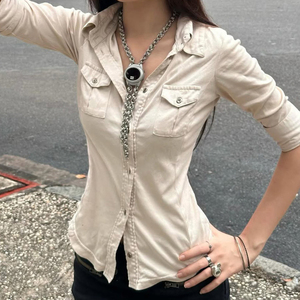 Chemise de travail à manches trois-quarts avec poche en tricot pour femmes, haut décontracté à simple boutonnage, style streetwear, mode polyvalente Y2K - Product Image 2