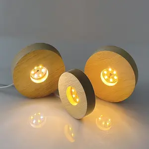 Suporte de madeira redondo com luz LED para exibição, luzes coloridas de resina epóxi cristalina, ornamentos de artes, peças centrais, lâmpadas noturnas, com suporte redondo USB