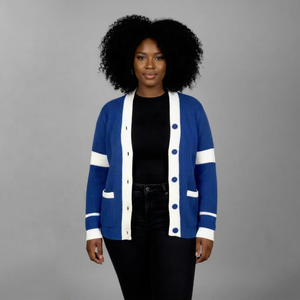 Zeta Phi Beta Winter Acrylic <b>Cardigan</b> Sweater Women Blue Greek Sorority Knit Varsity Chenille Embroidered Custom OEM V-neck - Product Image 1