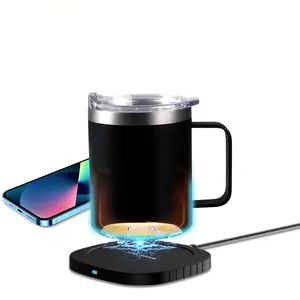 SD090 55 Degree Self Heating Heated Stainless Steel Charging Double Walled Coffee Tumbler Mug With 15W Wireless Phone Charger