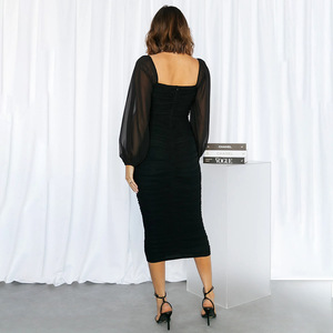 Nouvelle <span class=keywords><strong>Robe</strong></span> Longue Sexy Ajustée à Col Carré, Couleur Unie, Dos Nu et Manches Lanternes pour Femme – Collection Automne-Hiver - Product Image 4