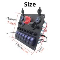 Panneau de commutation à 7 interrupteurs à bascule avec coupe-circuit de batterie, allume-cigare 12V, prise USB PD, voltmètre LED, disjoncteur 15A