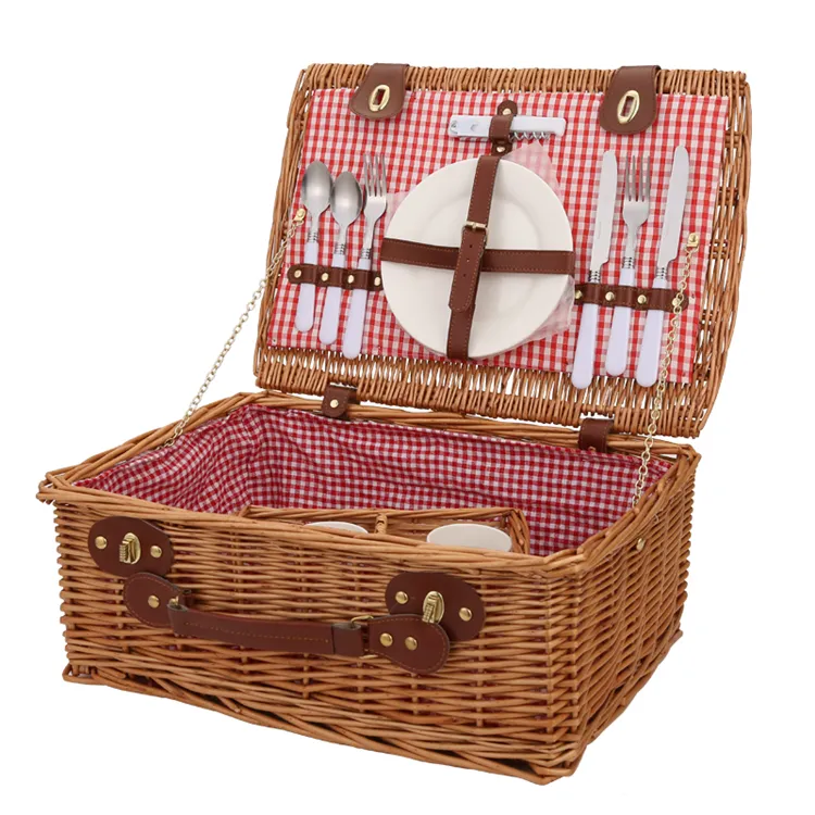 Cesto di salice Rattan rosso per 4 persone viaggio utile all'ingrosso con coperchio cestini copertura tessitura vimini Picnic Set di cestini