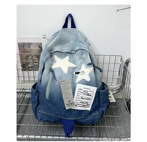 Ba lô thời trang trung học cơ sở kiểu vintage, khóa kéo, họa tiết rằn ri, phối màu denim, chất liệu polyester chống thấm nước, đa năng, dùng làm túi du lịch - Product Image 3