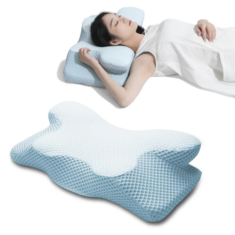 Pillow supplier custom logo Ergonomic memory cotton neck pad Deep Sleep contour profile-shaped grey blue bed pillow