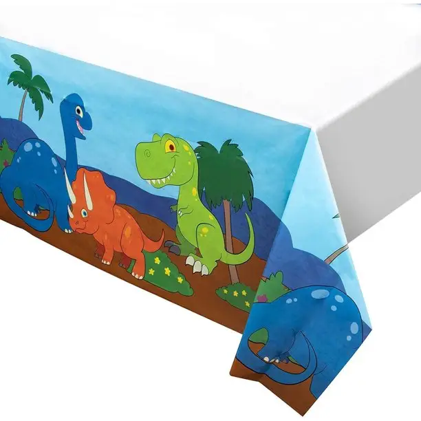 Mantel de plástico de dibujos animados de dinosaurios para fiesta, cubierta de mesa de 54x108 pulgadas que se adapta a mesas largas de hasta 8 pies, fiesta de cumpleaños de dinosaurios