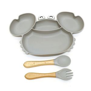 Juego de vajilla de silicona con cuchara de madera, plato dividido de 4 compartimentos, plato de cena, tazón de cangrejo para bebé, tenedor al por mayor, gran capacidad - Product Image 4