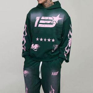 Green Flame Hoodie Sweatpants Racing Graphic Custom Men Two Piece <b>Tracksuit</b> - Product Image 3