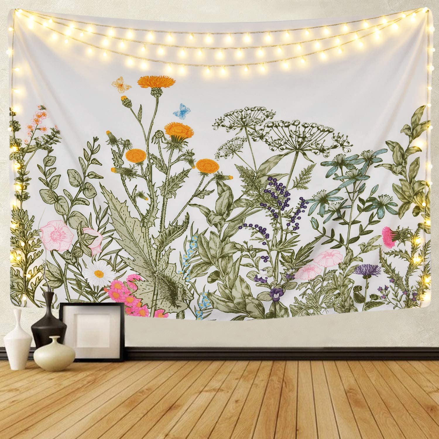 Colorful Floral Plants Tapestry Vintage Herbs Wildflowers Tapestry Wall Hanging Nature Scenery Tapestry