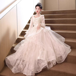 French Style Evening Gown Women Champagne Long Sleeve Square Neck Empire Waist 3D Floral Vintage Princess Dress Coming Of Age - Product Image 2