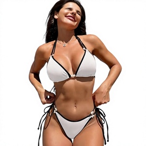 Women's <b>White</b> <b>Bikini</b> <b>Set</b> Solid Color Lace Up Pearl Detail Swimwear Two Piece Knitted Stretch Beachwear With Black laces - Product Image 1