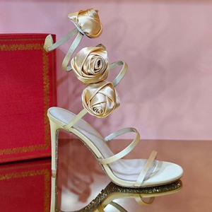 Sandales à talons aiguilles dorées pour femme, élégantes, à bride arrière, en satin blanc, à motif floral, à enfiler, à talons creux peu profonds, pour robe - Product Image 6