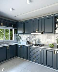 Conception de cuisine de style européen moderne avec des armoires bleues mates, un rangement élégant, un éclairage doux et une finition intérieure modulaire haut de gamme - Product Image 3