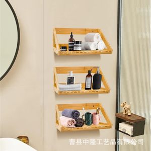 Wooden <b>Wall</b> <b>Mounted</b> Storage Rack Natural Color Rectangle Easy Cleaning For Bathroom Kitchen <b>Shelves</b> - Product Image 1