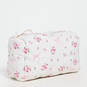 Eco-Friendly <b>Large</b> Cotton Floral <b>Bow</b> Cute Portable Cosmetic Bag with Zipper for Women & Girls Travel - Product Image 2
