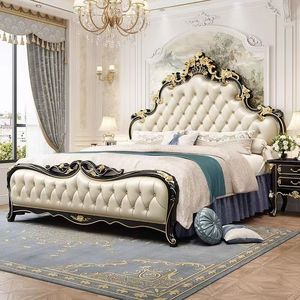 Muebles de Dormitorio Clásicos y Económicos, Estilo Europeo Moderno, Minimalista, de Lujo, Cama de Madera Maciza con Respaldo Suave y Almacenamiento - Product Image 1